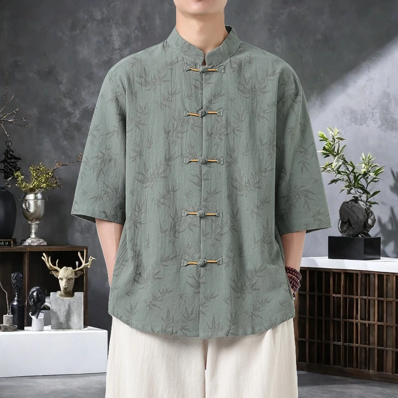 

Мужская винтажная летняя рубашка в китайском стиле в стиле ретро с восточным принтом и воротником-стойкой, топ из дышащей ткани с пуговицами в виде лягушки M-5XL