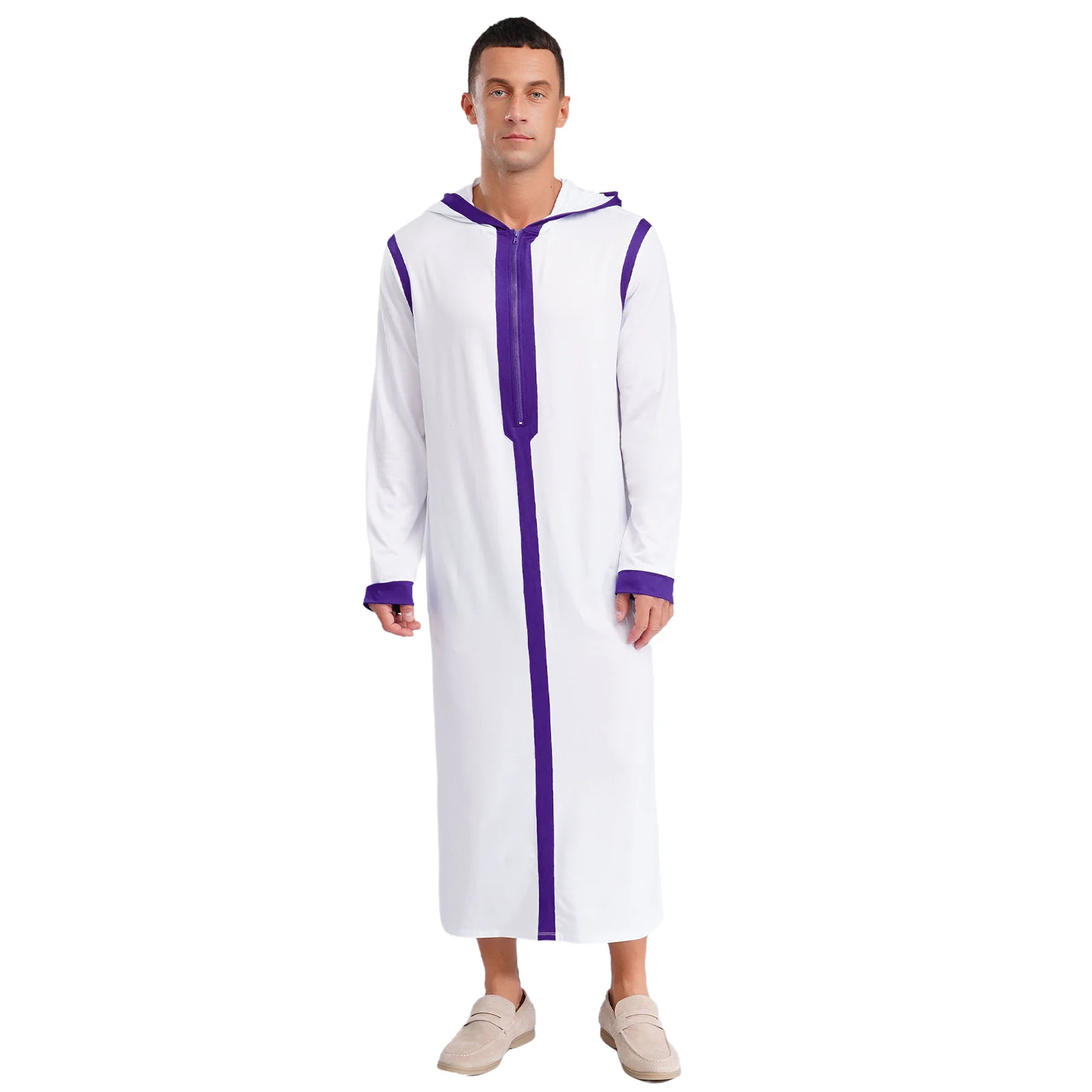 

Mens Islamic Muslim Loose Fit Robe Long Sleeve Hoodie Front Zip Color Block Loose Caftan Arab Gown Middle East Saudi Arab Thobe