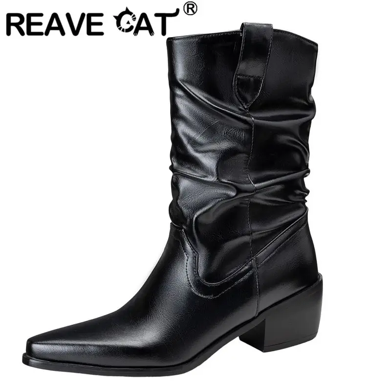 

REAVE CAT 2025 Женские модные ботинки до середины икры с квадратным носком и блочным каблуком 5,5 см без шнуровки, большие размеры 46 47 48 Сексуальная вечеринка для свиданий Bota