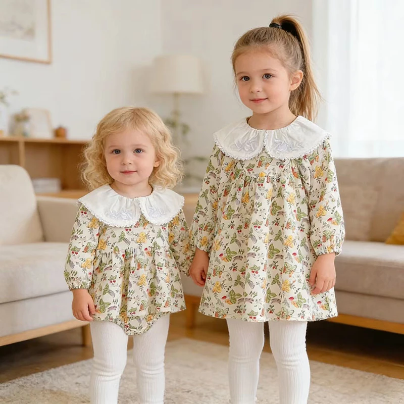 2026 Neue Frühjahrskollektion 2-6J Mädchen Baby Spitzenkleid 0-24M Baby Blumen-Strampler Koreanische Kinderkleidung Schwesterkleider