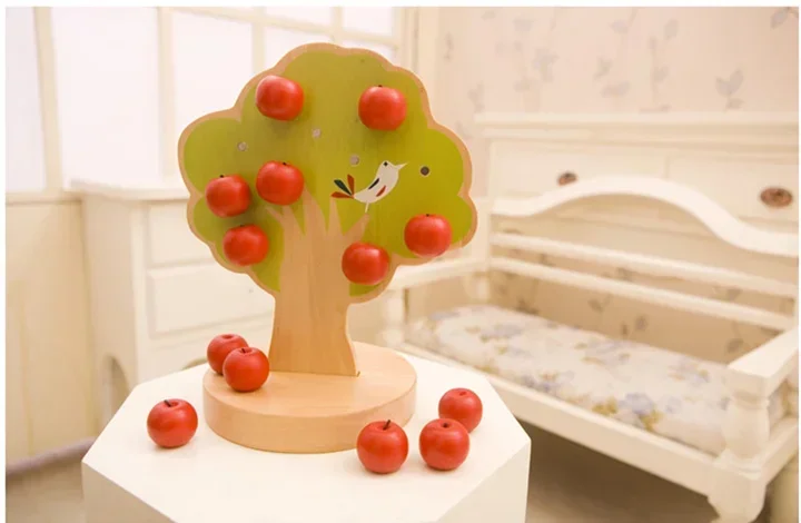 [ Funny ] DIY Wood Magnetic apple tree blocks model Wooden fancy early education toys baby learn&Grow mathematics toy best gift