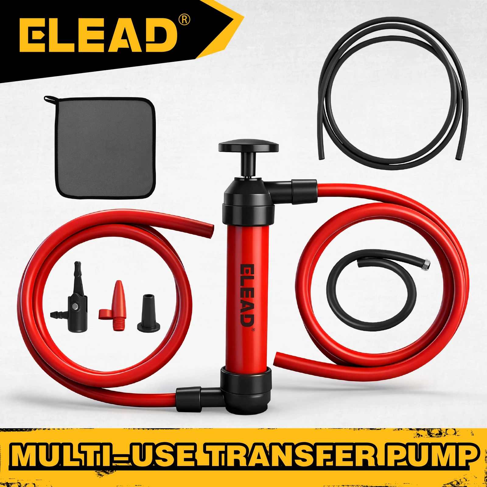 

ELEAD Portable Siphon Pump: Gas/Oil/Water Transfer + Air Inflation (Balloon/Hose Adapter, Cleaning Kit, Extra Hoses)