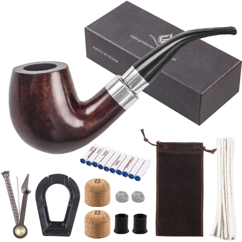 New 1set Silver Ring Tobacco Pipe 9mm Filter Briar Wood Pipe Traditional Bent Smoking Pipe Large Smoke Accessory