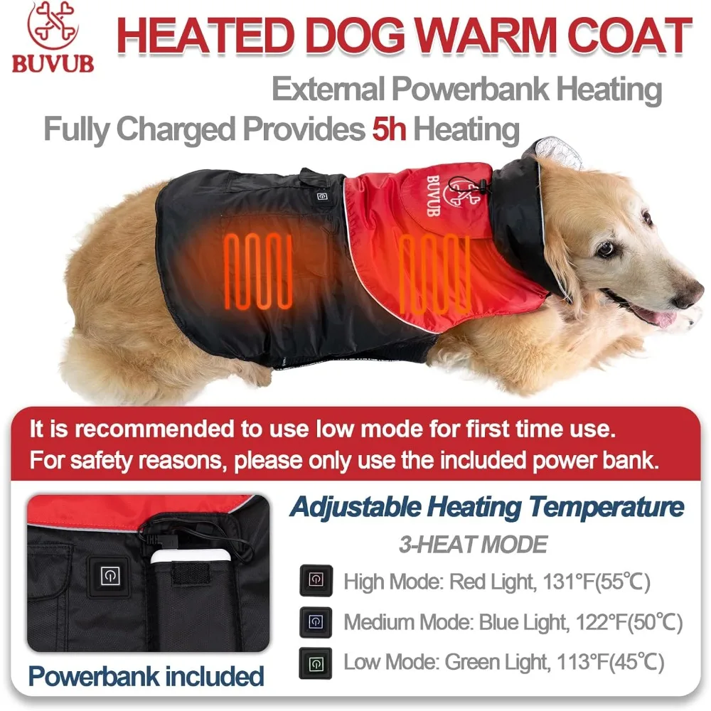 Heated Dog Warm Coat Pet Winter Coats for Cat Dogs, Heated Winter Dogs Jacket with Power Bank, Water Resistant Fabric Dog Coat