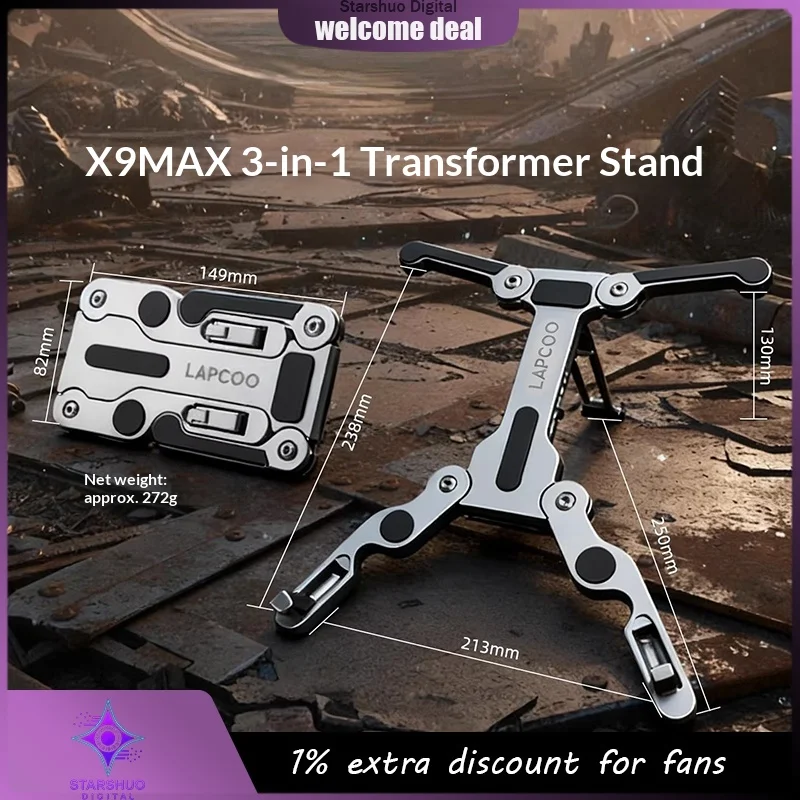 

LAPCOO X9Max Многофункциональная складная подставка 3-в-1 из алюминиевого сплава Портативная настольная подставка для ноутбука для ноутбуков/телефонов