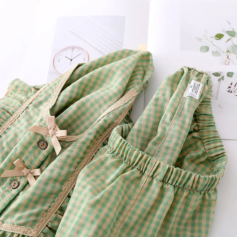 Plaid Print Ladies Female Nightwear Summer New Pajamas Woman Sleepwear Short Set Knitted Cotton 2Pcs Pyjamas Elegant