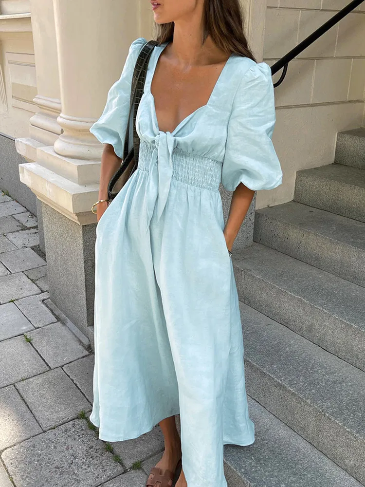 

Elegant Light Blue Tunic Dress for Wome Puff Sleeve Sexy High Waist Vacation Cotton Linen Dress Ladies Boho Casual Dress Summer