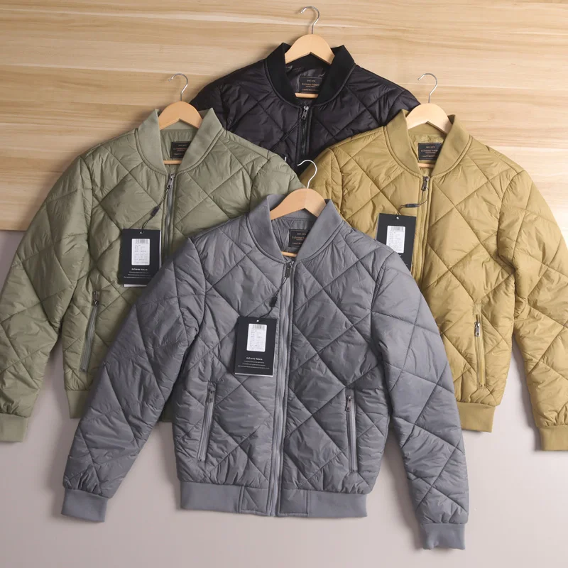 Warmth Fashionable Men's Cotton Jacket Quilted Diamond Pattern Lightweight Fall Winter Pilot Style Baseball Collar Coat