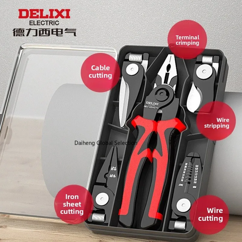 

Многофункциональные пятифункциональные клещи Delixi Electric для работы со стальной проволокой: зачистка, резка, обжимка, со сменными насадками.