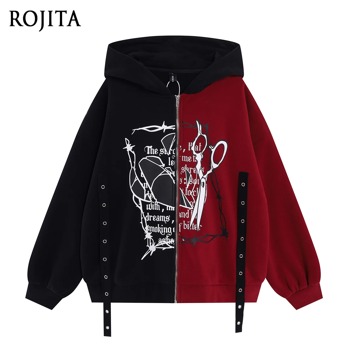 

Original Sweet Cool Subculture Color-Block Hooded Loose Sweatshirt Women Autumn Winter Jacket Letter Print Zipper Hoodie