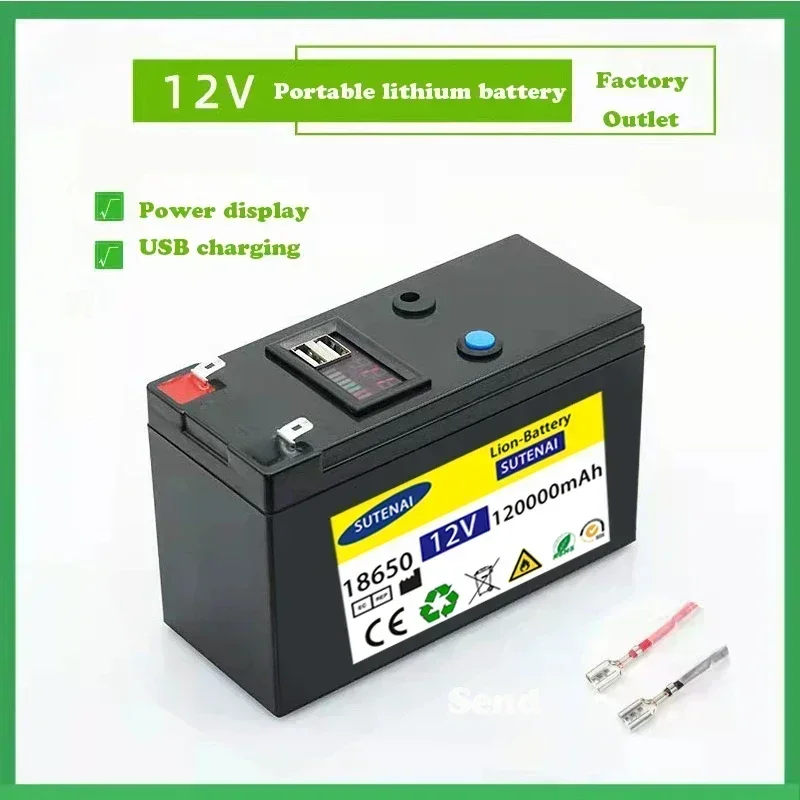 12V Battery 120Ah 18650 lithium battery pack Rechargeable battery for solar energy electric vehicle battery+12.6v3A charger