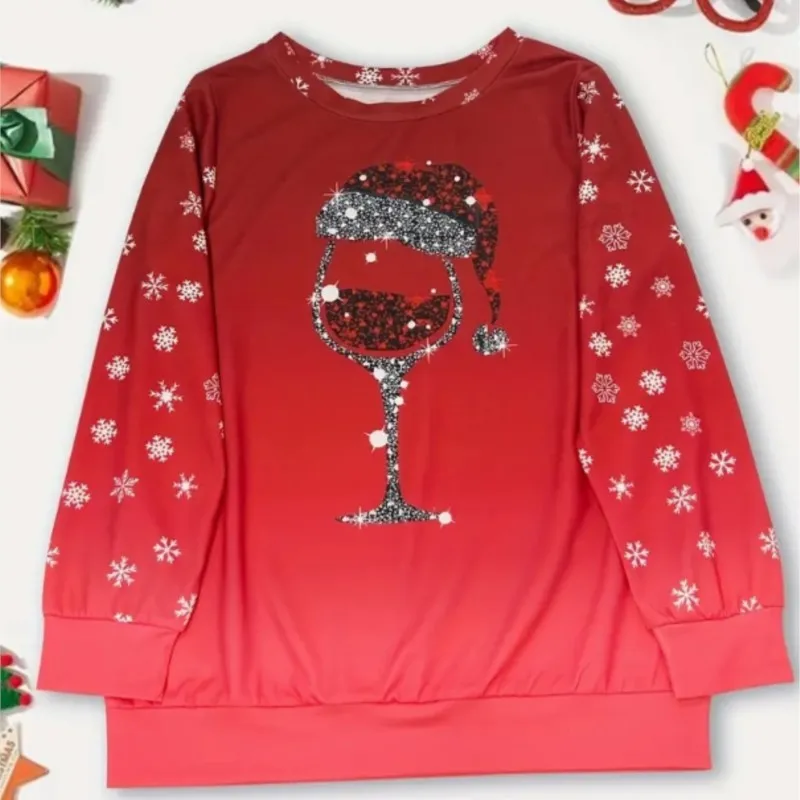 Elegant women's new Christmas wine glass printed round neck pullover hoodie luxurious and comfortable banquet hoodie for women