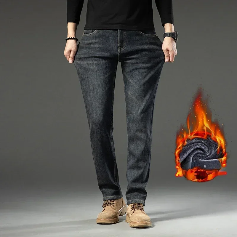 2026 New In Winter Fleece  Warm Jeans Thick Straight  Slim Fit Stretch Fashion Brand Casual Jean Baggy Vintage