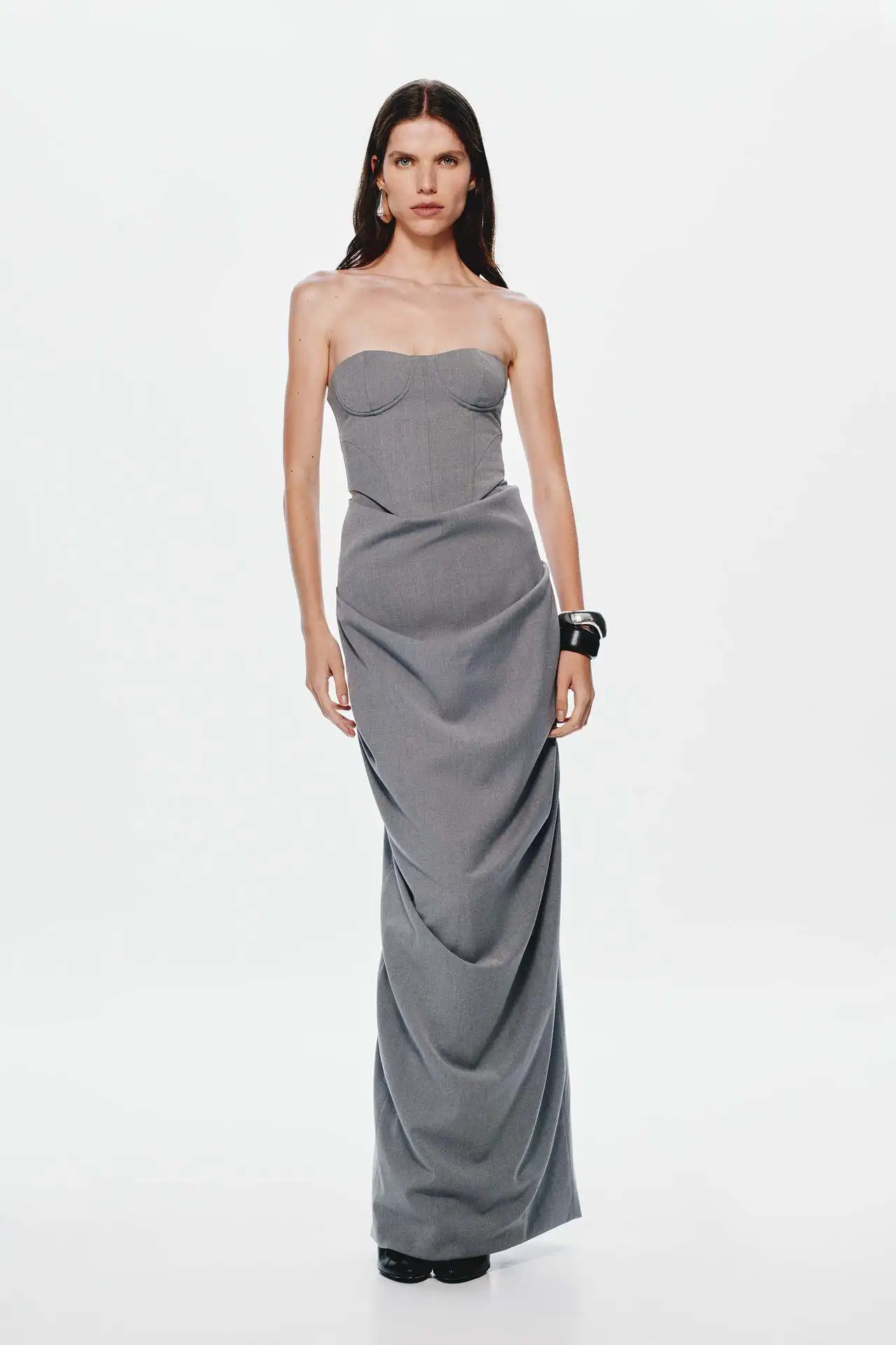 Women's Sexy Strapless Gray Maxi Long Dress Elegant Gray Evening Club Party Outfit 2026 Celebrity Style
