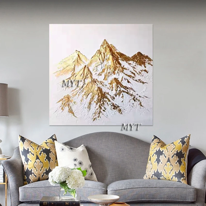 High Mountain Landscape Abstract Canvas Painting, No Framed, Office Wall Art Decor, Acrylic Artwork, Gold Foil Textured Picture