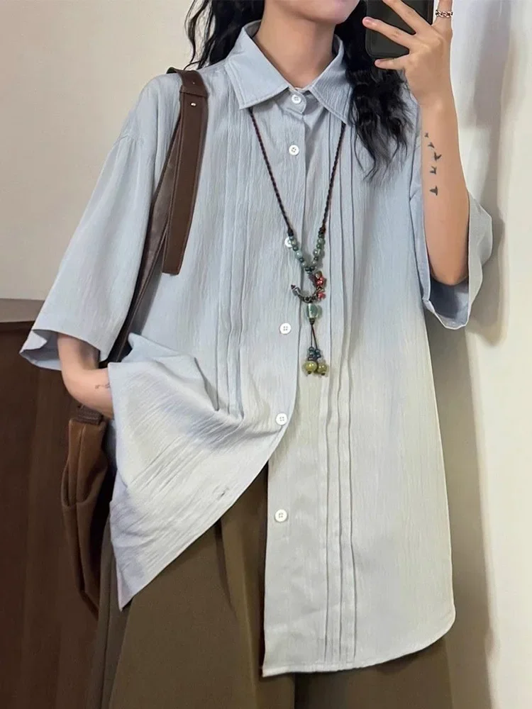 

Japan Loose Vintage Shirt Women Oversize Preppy Style Casual Harajuku Blouse Summer Short Sleeve Solid Bf Simple Retro Tops