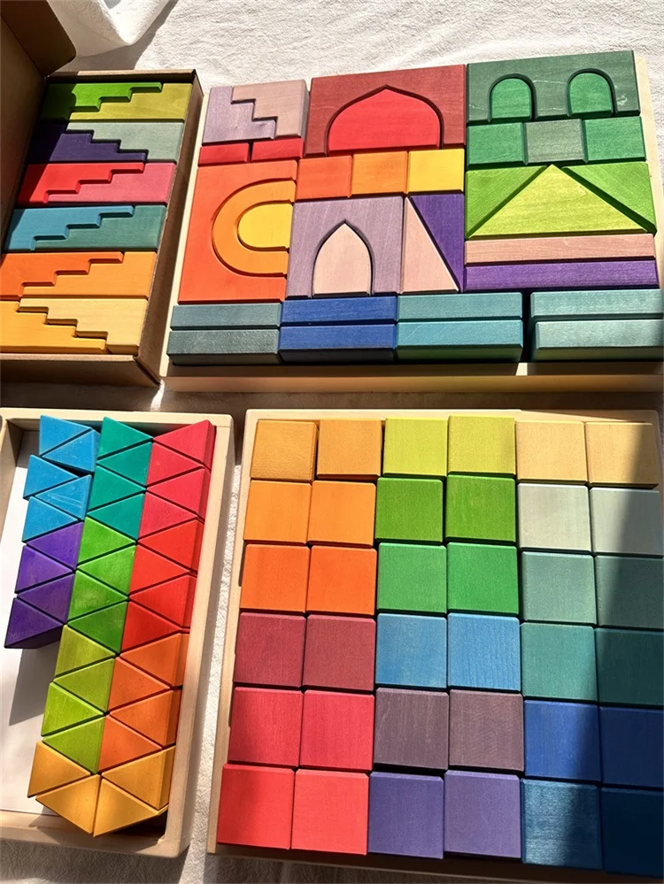 Big size Wooden Blocks Lime Rainbow Building Stacking Castel Step Shape Cubes Corner Stones for Kids Creative Play