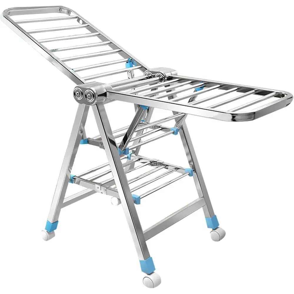 

Портативная сушилка для одежды на открытом воздухе с колесиками, компактная подставка для белья из нержавеющей стали, синяя, 71 в комплект входит полка для обуви