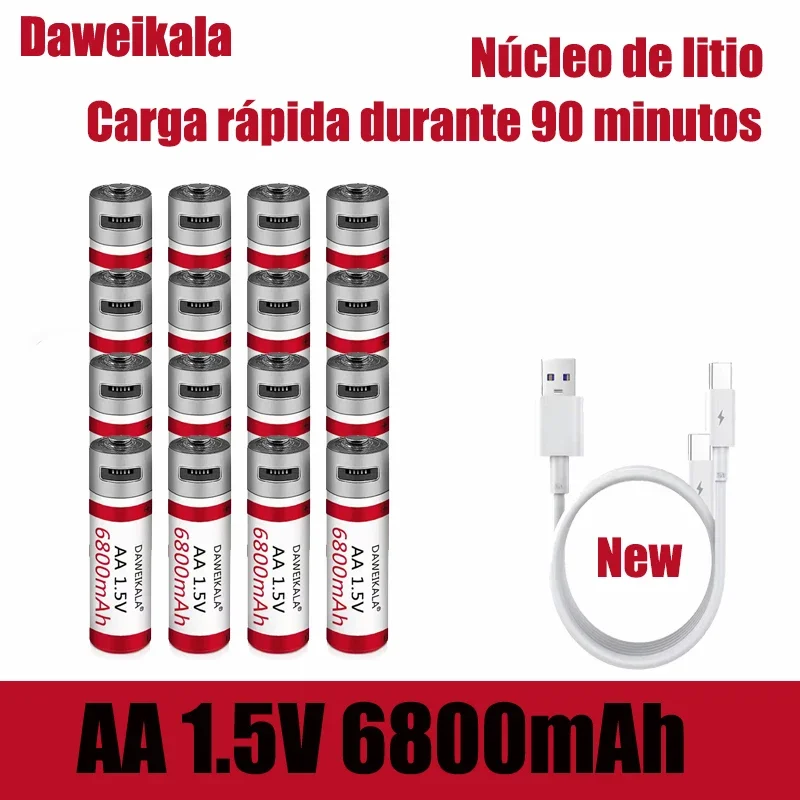 Daweikala new AA rechargeable battery large capacity AA lithium battery 1.5V 6800mah fast charging delivery Cable