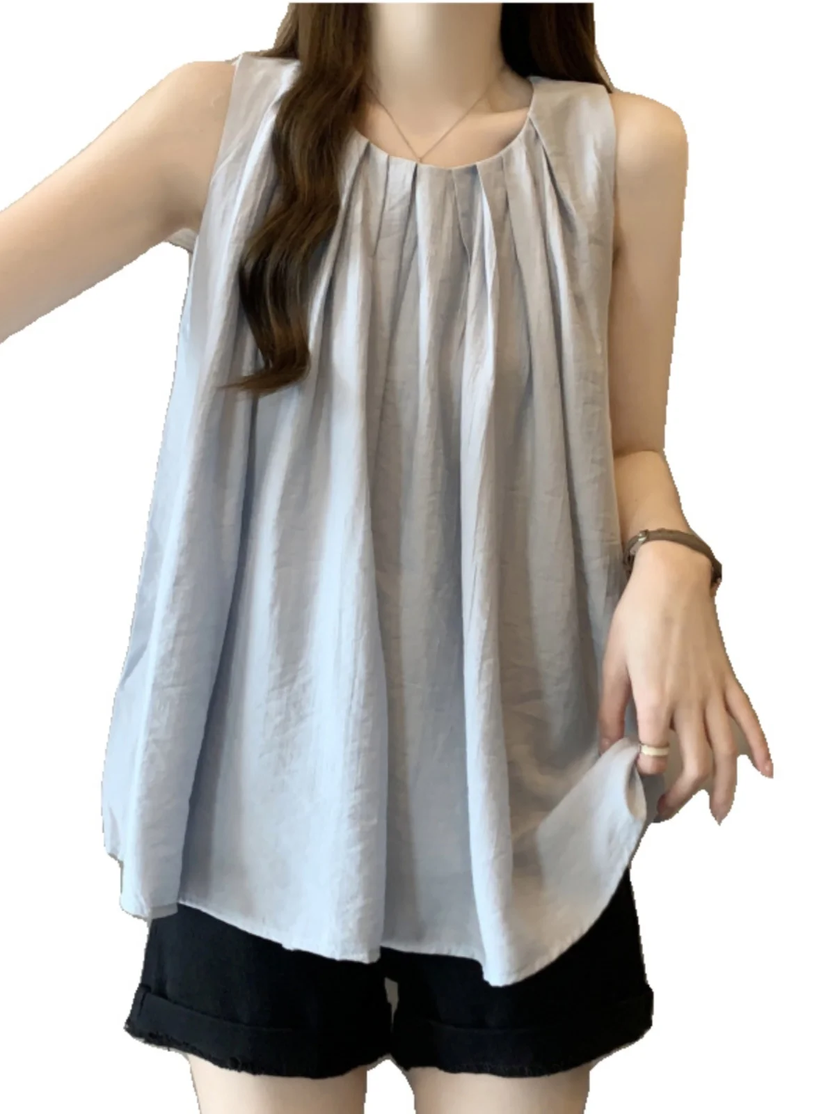 Light Blue Wide Strap Vest Women's Outerwear Summer New plus Size Fat MM Belly Cover Sleeveless Doll Shirt Chiffon Top