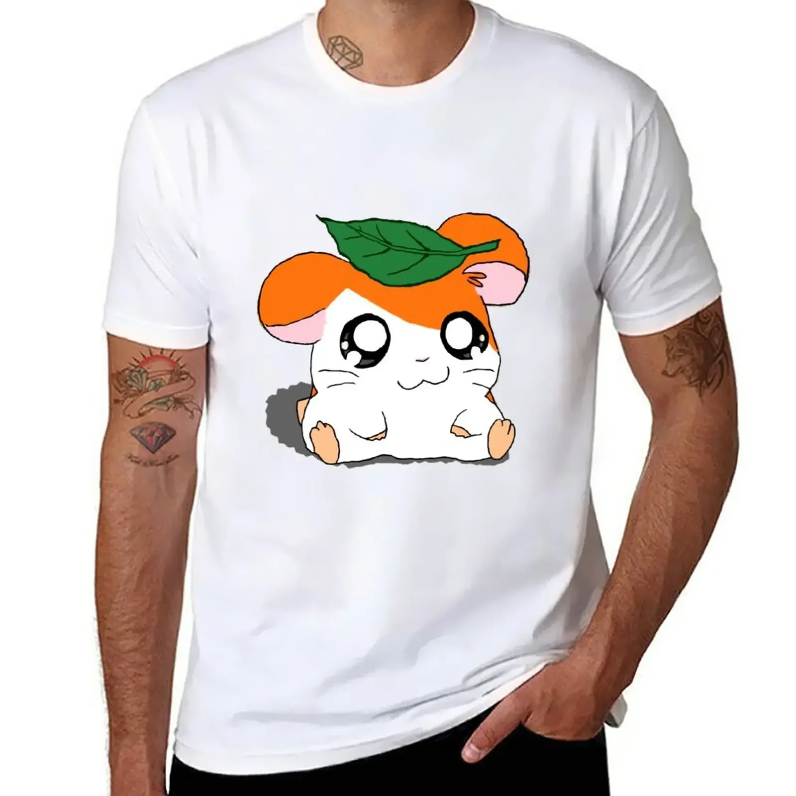 Aesthetic clothing boys whites hippie clothes plus sizes tshirts for men Hamtaro with Leaf T-Shirt mens t shirts   COTTON