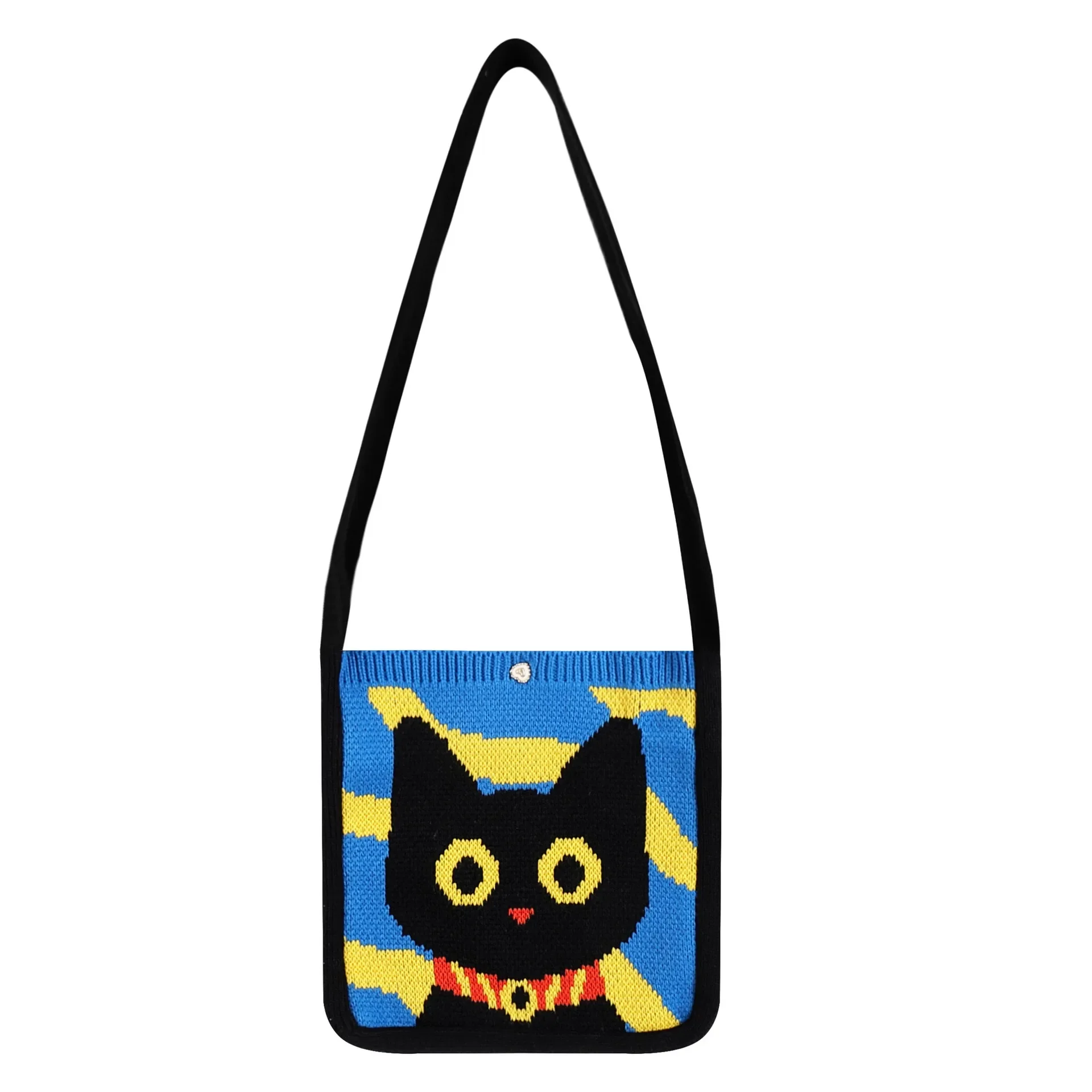 Female Casual Crochet Cute Cartoon Cat Pattern Medium Size Shoulder Bag Korean Fashion Y2K Aesthetic Knitted Side Crossbody Bag