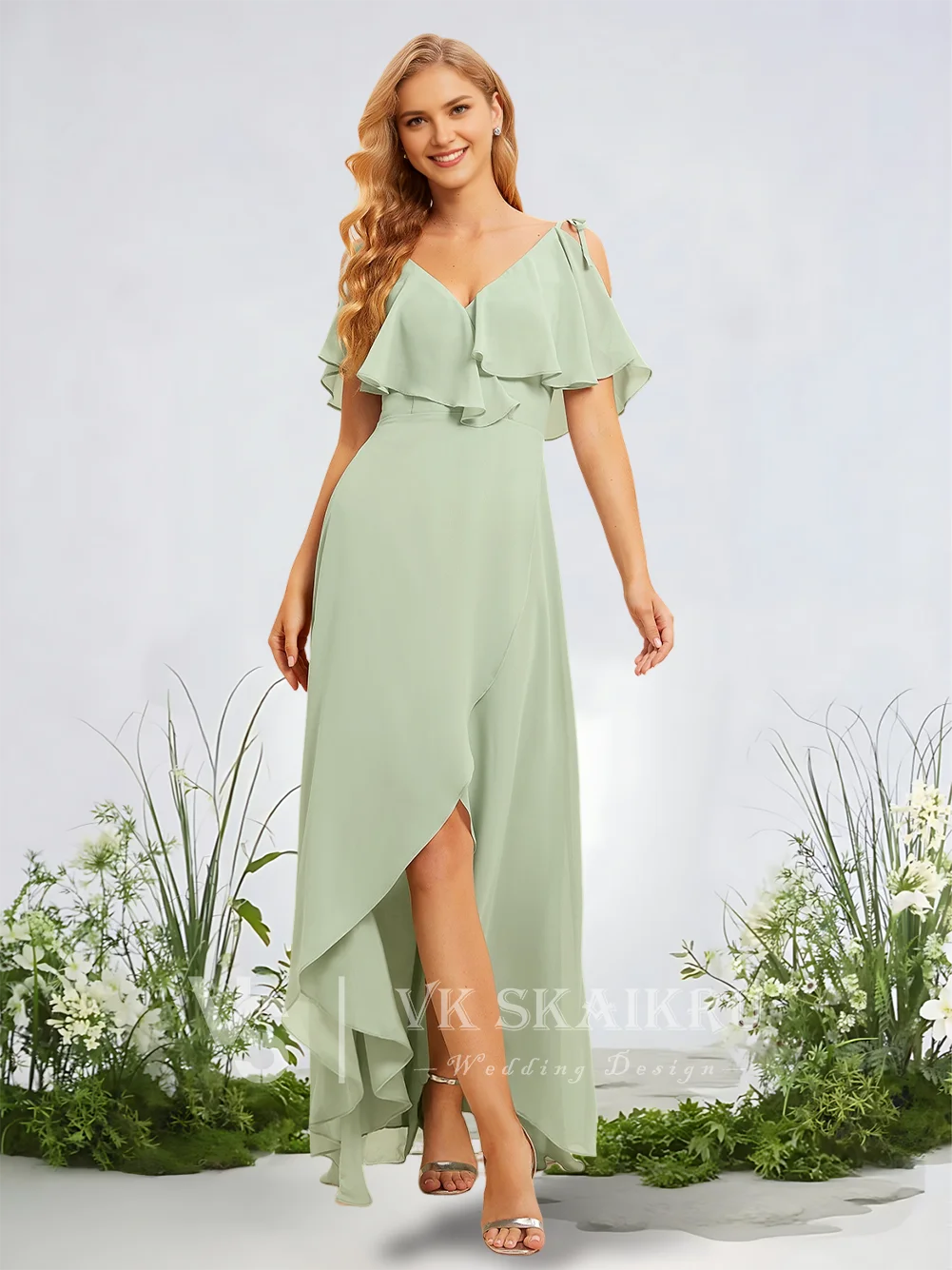 

A ​Lavender A-Line V-Neck Asymmetrical Chiffon Bridesmaid Dresses With Ruffle Wedding Party Guest Evening Cocktail Luxury 2025