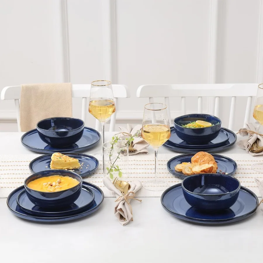 Conjunto de louça de cerâmica de 12 peças para 4 incluindo pratos de jantar, saladas e tigelas de cereais, resistente a arranhões, micro-ondas e di