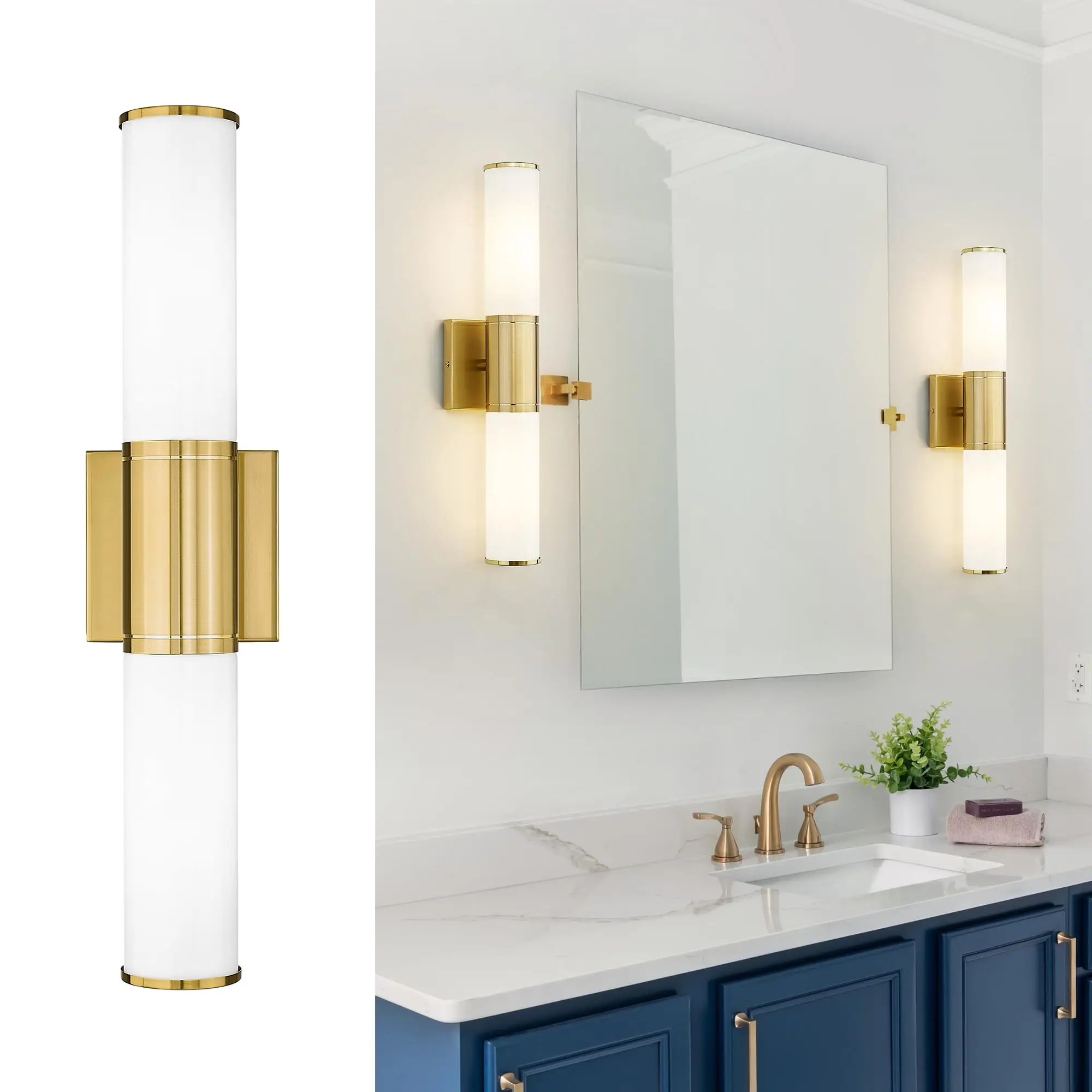 

Bathroom Light Fixtures, 2-Light Vanity Lights for Mirror with Milk Glass Shade, Brushed Gold Wall Sconces Up and Down Wall Lamp