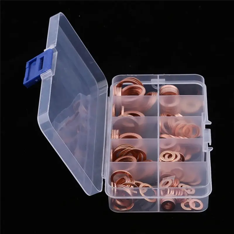 A45I 200Pcs Copper Washer Gasket Nut Bolt Set Flat Sealing O Ring Solid Gasket Assortment Kit Car Engine Oil Gasket Plug