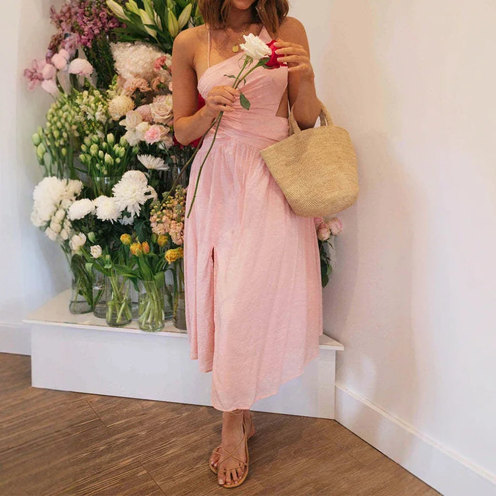 Kleider Sommermode Elegante Blumen ärmellose One-Shoulder Midi Urlaub Etuikleider für Frauen