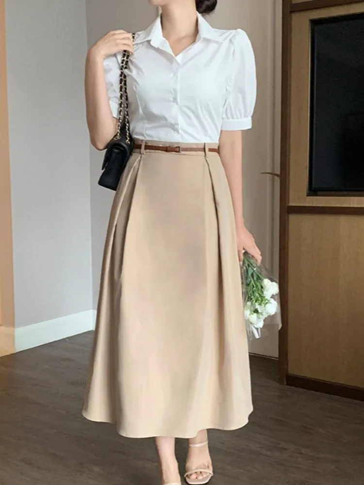 

Chic Summer ort Sve irt Dr Women's Faionable Splicing Design with Belt Casual Commute Sle Collar Single Bu...