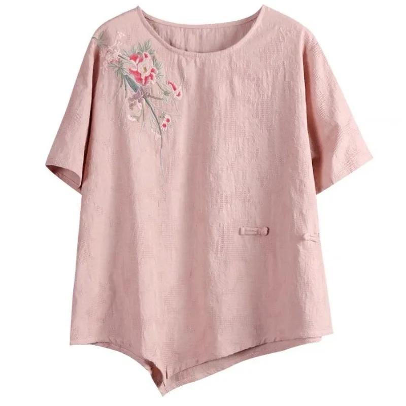 

Women's Pink Floral Embroidery Linen Blend Asymmetric Hem Short Sleeve Blouse with Frog Button