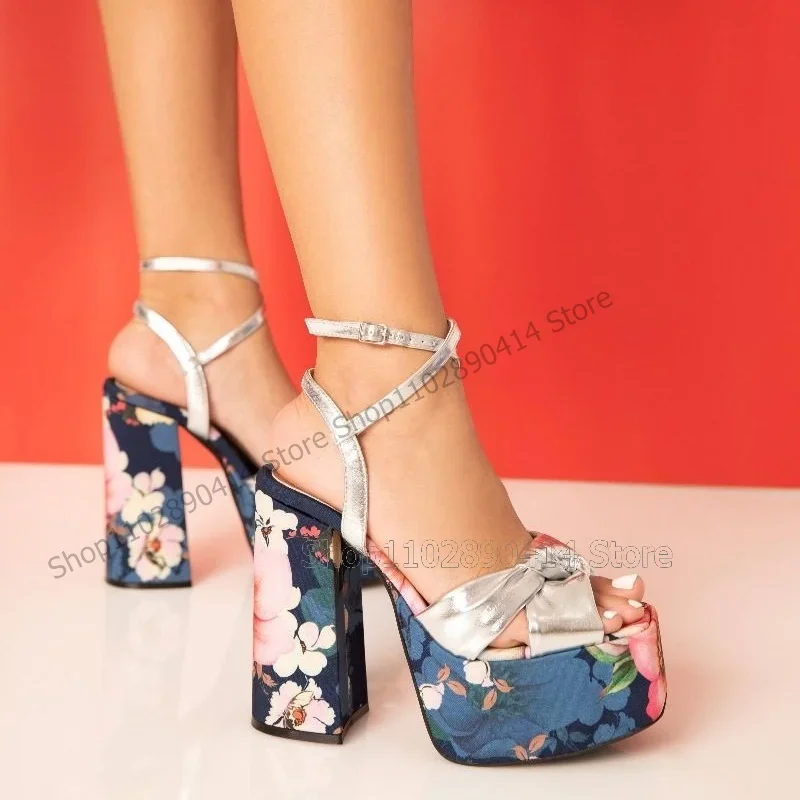 

Colorful Flower Print Pink Silk Knot Platform Sandals Ankle Buckle Strap Women Shoes Fashion Banquet 2026 Zapatos Para Mujere