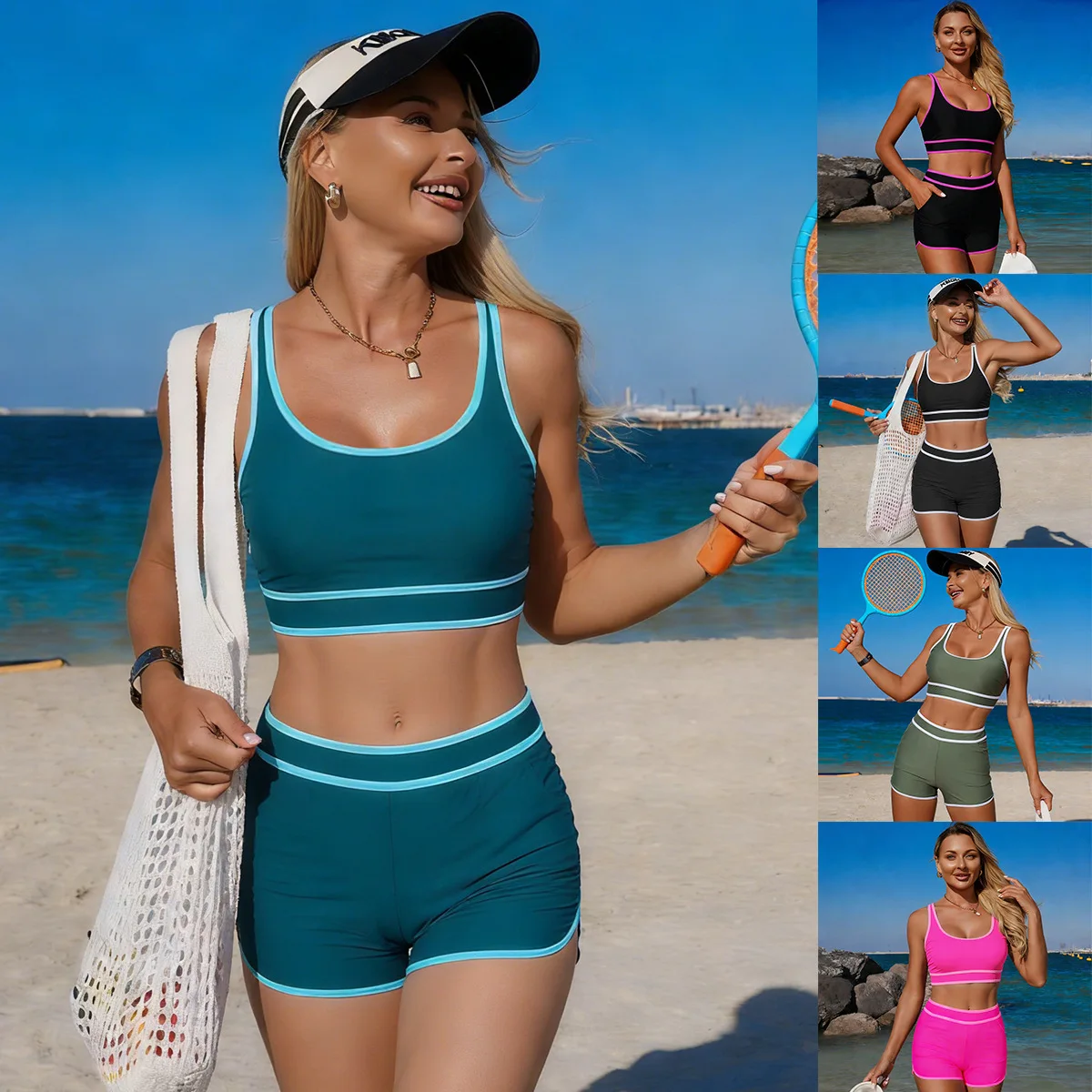 2026 New Split Swimsuit with Chest Cushion Women's Solid Color European and American Sexy Summer Sports Conservative Bikini