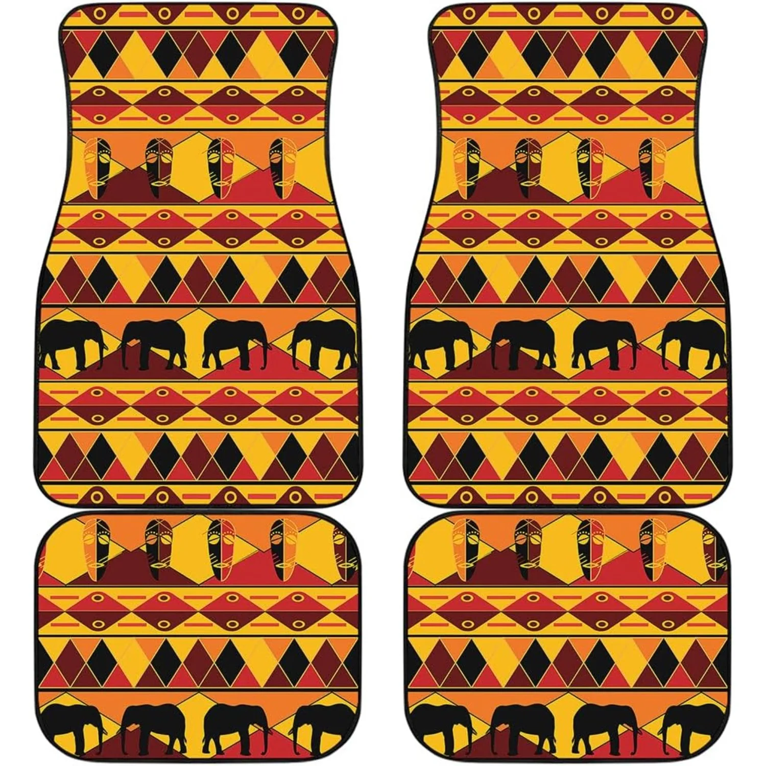 Sunset African Tribal Design Car Floor Mats - Complete Set For Front And Back, Automotive Additions, Ethnic Print Style, Univers