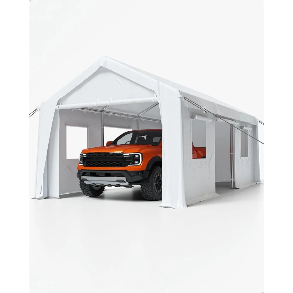 

Carport 13'x20' 1.0 mm Steel Poles & 180 g PE Waterproof Canopy, with Front & Rear Doors, 2 Side Doors, and 4 Windows Carports