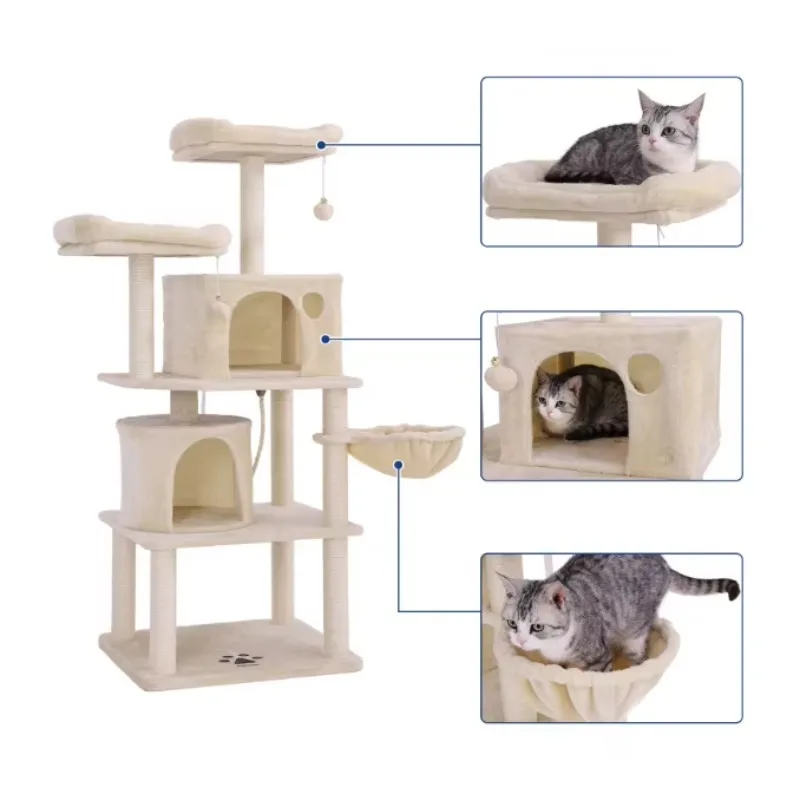 Universal Large All-Season Cat Tree with Integrated Nest Scratching Board for Multiple Cats Wood Climbing Frame Cat Tree Nest