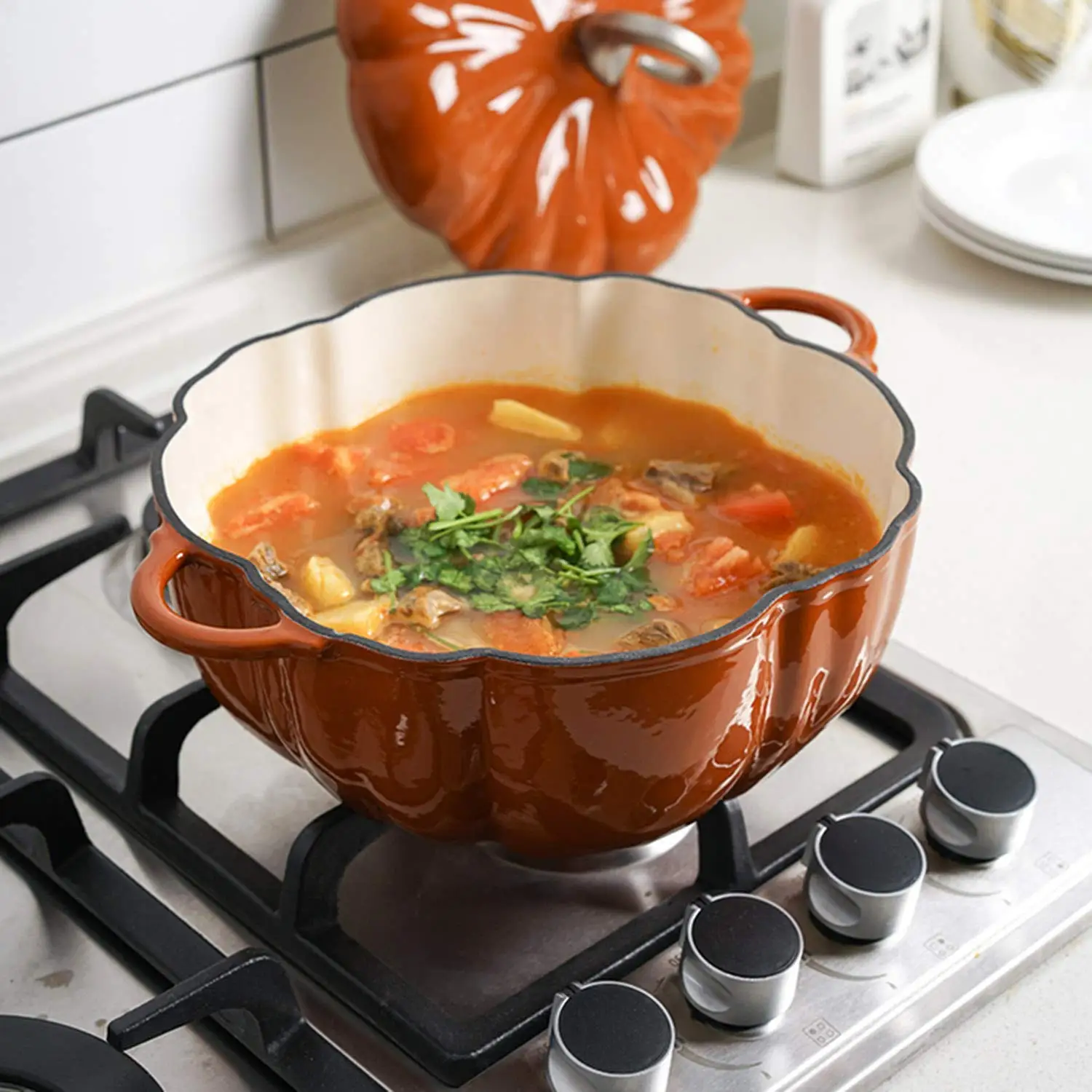 Pumpkin Enameled Cast Iron Dutch Oven 1.9L Enamel Coated Cookware NonStick Enamel Pot Casserole Dish 7.9inch for All Heat Source