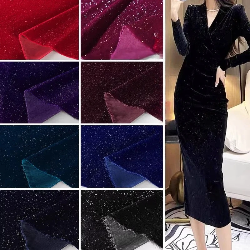 

Glitter Star Velvet Fabric Soft Metallic Evening Gown Cheongsam Dress Bridal Premium Fashion Textile Silver Thread Material