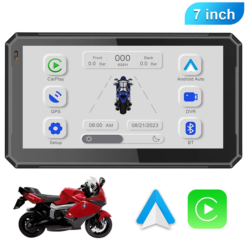 Portable 7 Inch Motorcycle Navigation GPS Wireless Apple Carplay Android Auto IPX7Waterproof Motorcycle BT Touch Screen Display