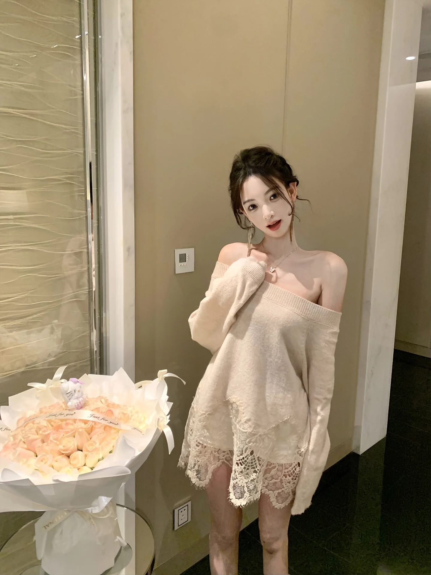 

J Studio Vintage Lace Oversize oulder Soft Cozy Women's Sweater Faionable Versatile Knitwear Long Sve Mid-Length