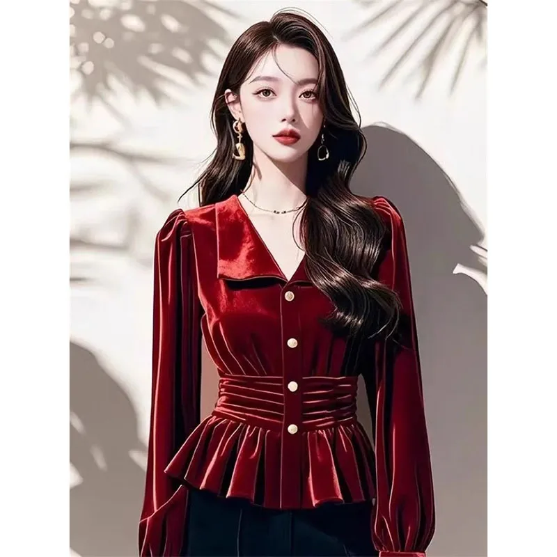 Weinrotes Samthemd Damen Hemdbluse Frühling Herbst Winter High-End Retro Bottoming Shirt Modisches Taillensaum Top
