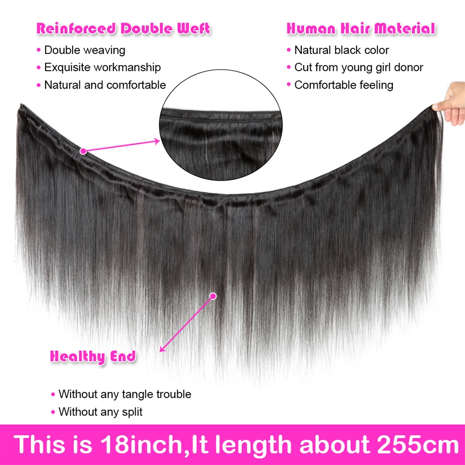 Upermall 3/4 Remy Straight Human Hair Bundles With Closure Brazilian 9A HD Transparent 4x4 Lace Closure and Bundle Natural Black