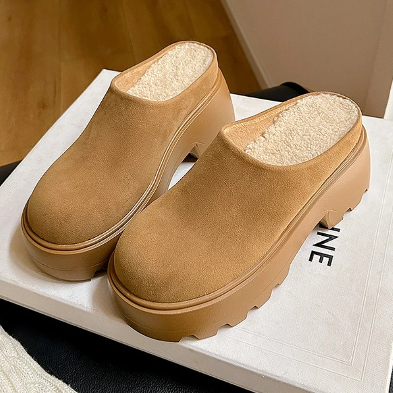 

Suede Winter Mules Women Platform Slippers Warm Chunky Heel Slides Women Comfort Round Toe Thick Sole Plush Cotton Shoes Female