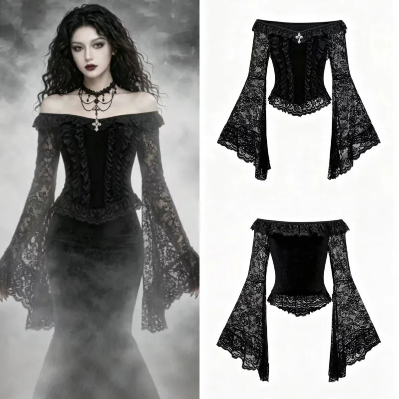 Gothic Velvet Top Halloween Y2K Lace Off Shoulder, Crop Women Bell Sleeve Black Party Streetwear Blouse 40cm Clubwear Tee New