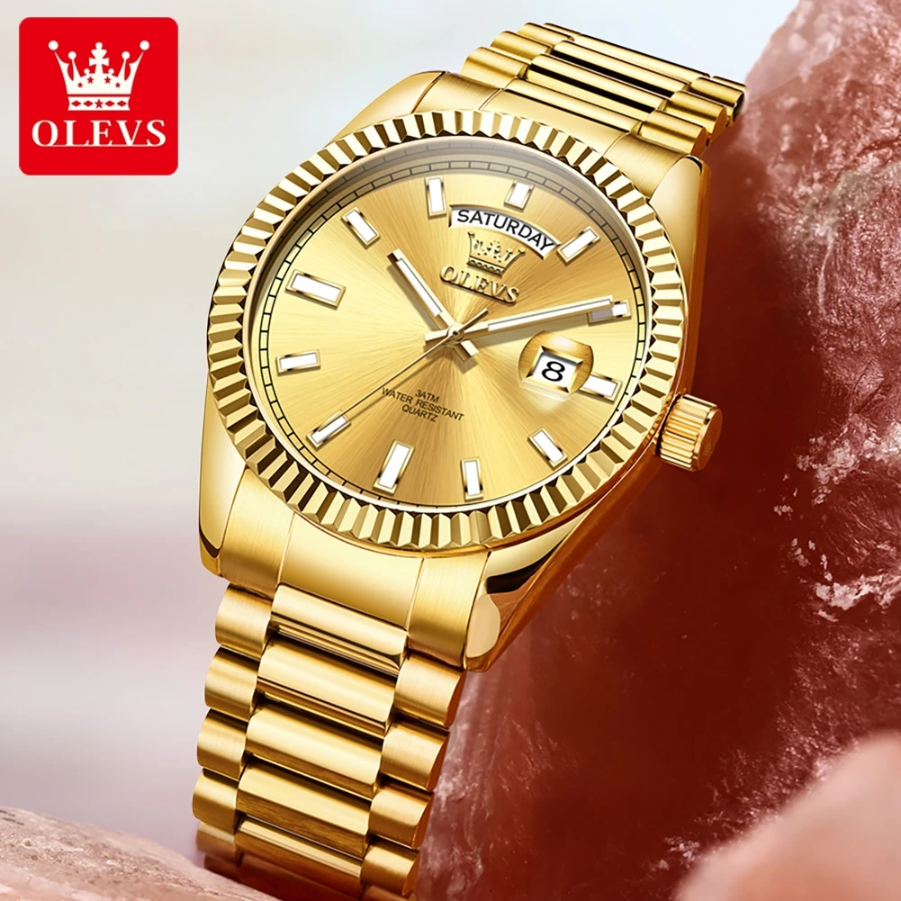 OLEVS 5650 Men Watches Full Gold Luxury Wristwatch Solid Stainless steel Strap Auto Date Waterproof Quartz Watch for Men