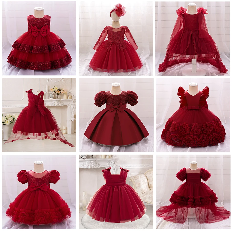 Girl Red Clothes For Baby Kids Sequin Cake Mesh Dress Embroidered Dress Wedding Flower Girl Dress Party Gowns New Year Clothes