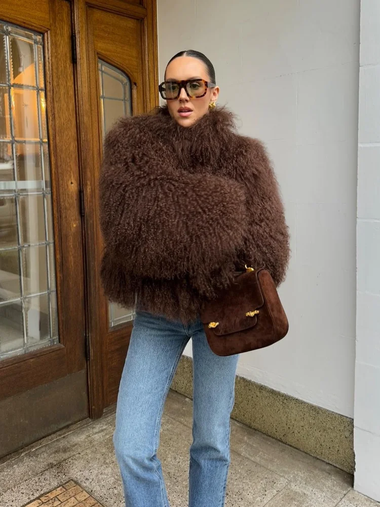 Women Fashion Solid Thicken Faux Fur Coat Elegant Lapel Long Sleeve Cropped Jackets 2024 New Female Casual High Street Outerwear