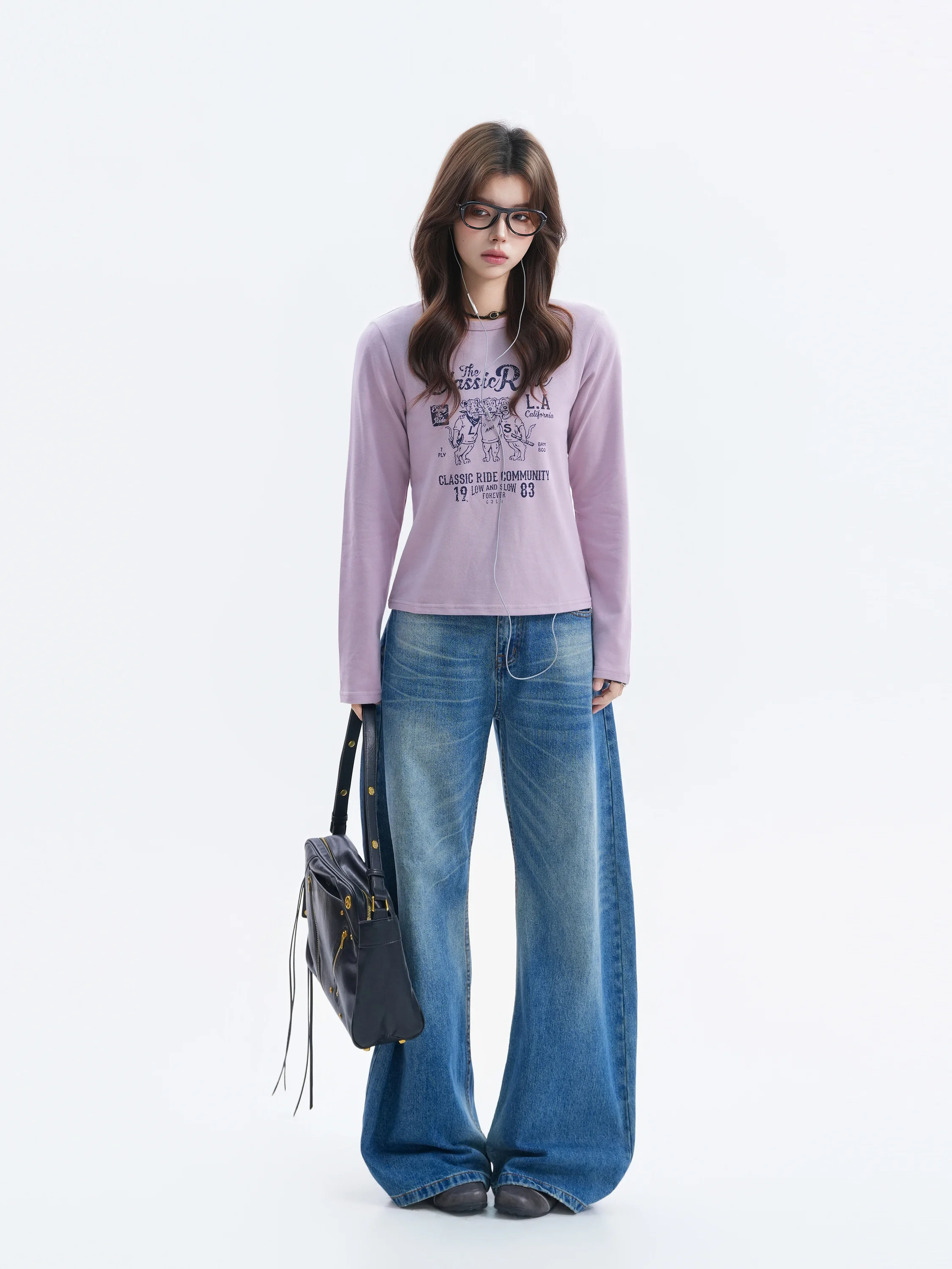 Early Autumn Korean Style Commuter round Neck Long Sleeve T-Shirt Women Light Purple Short Regular Shoulder Top Casual Fit